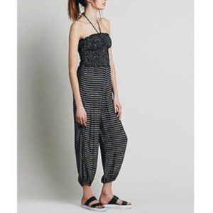 Free People Balloon Stripe Jumpsuit Smocked Strapless Pull On Rayon Size Large